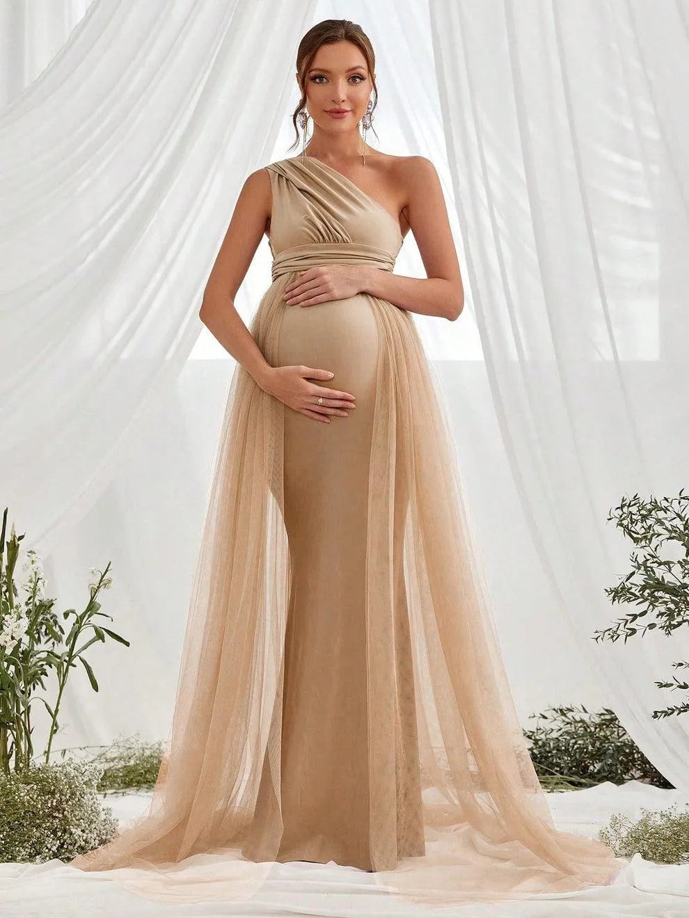 Contrast Mesh One-Shoulder Knit Mermaid Sleeveless Maternity Evening Dress in Champagne