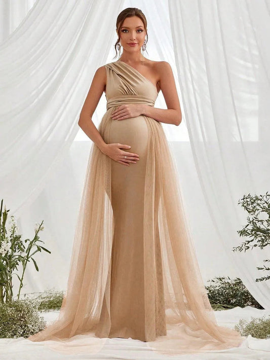 Contrast Mesh One-Shoulder Knit Mermaid Sleeveless Maternity Evening Dress in Champagne