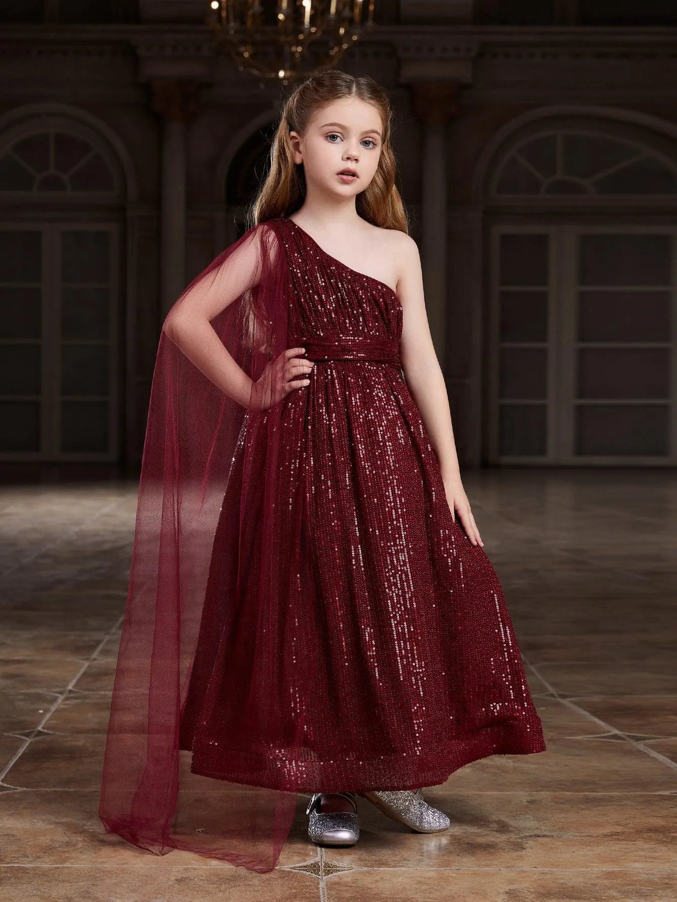 Tween Girls' One-Shoulder Draped Side Sequin Prom Dress — authorized product image 5