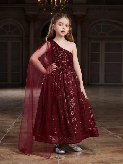 Tween Girls' One-Shoulder Draped Side Sequin Prom Dress — authorized product image 5