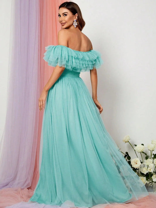 Additional product view of Ruffle Trim High-Slit Off-Shoulder Mesh A-Line Evening Gown