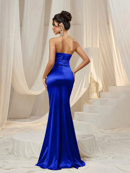 Additional product view of Ruched Wrap Mermaid Hem Strapless Satin High-Slit Evening Gown