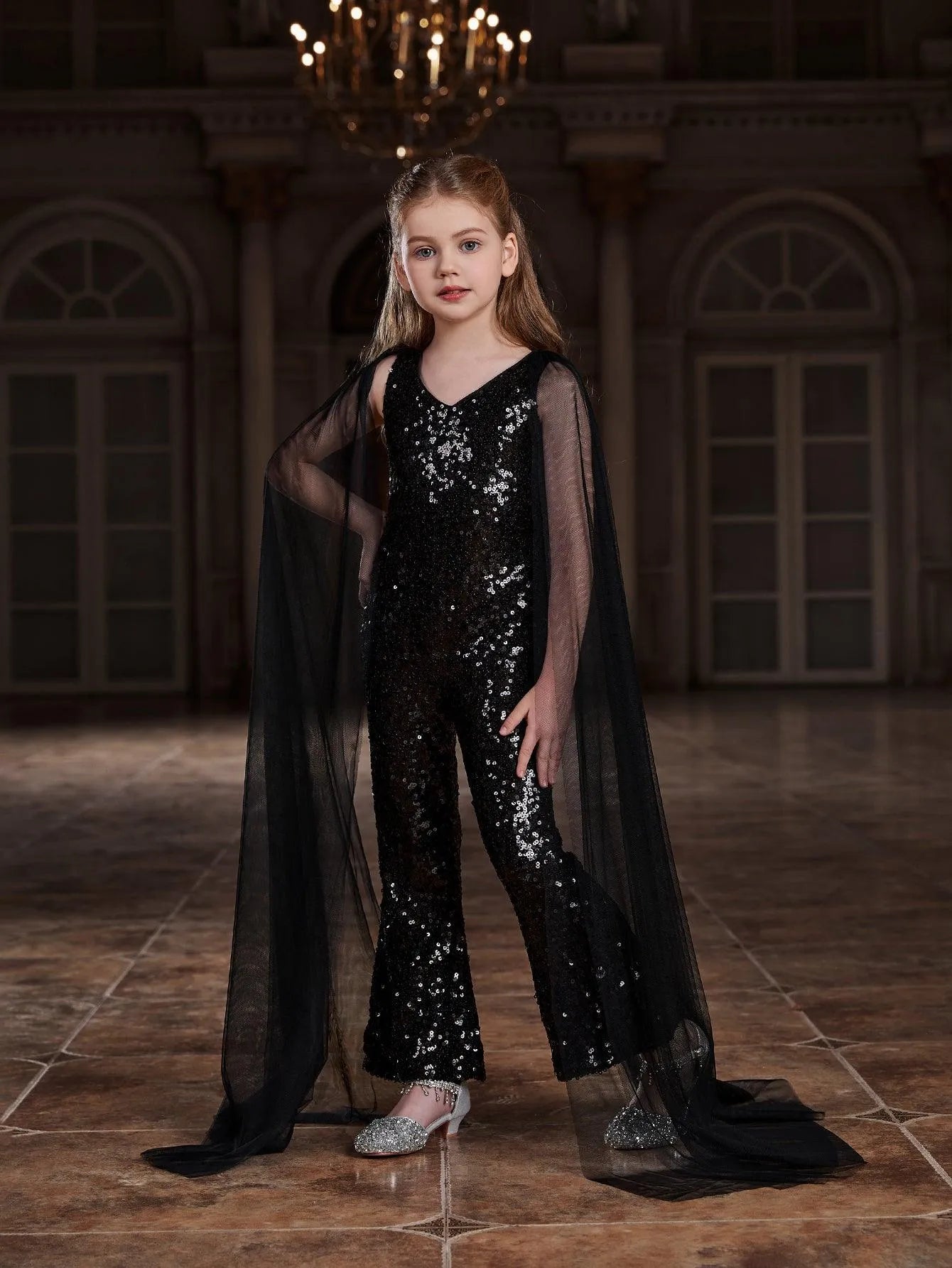 Additional product view of Cloak-Sleeve V-Neck Sequin Tween Girls' Party Jumpsuit