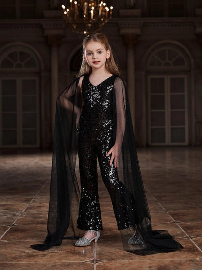 Additional product view of Cloak-Sleeve V-Neck Sequin Tween Girls' Party Jumpsuit