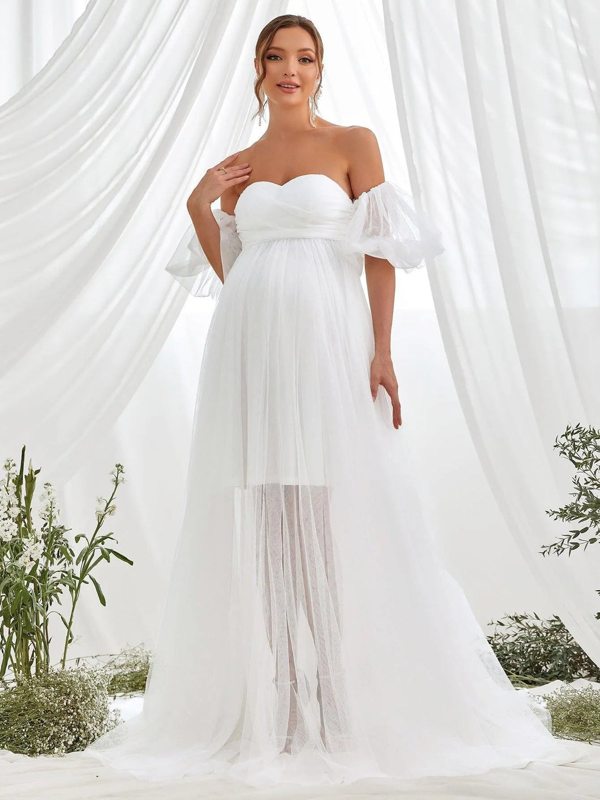 Additional product view of Mesh Overlay Puff-Sleeve Off-Shoulder A-Line Maxi Maternity Evening Dress