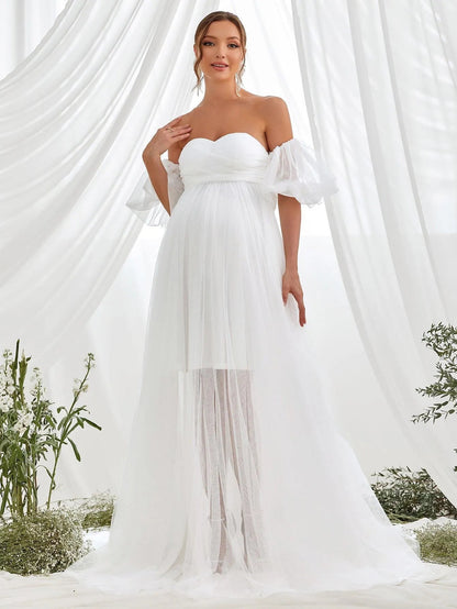 Additional product view of Mesh Overlay Puff-Sleeve Off-Shoulder A-Line Maxi Maternity Evening Dress