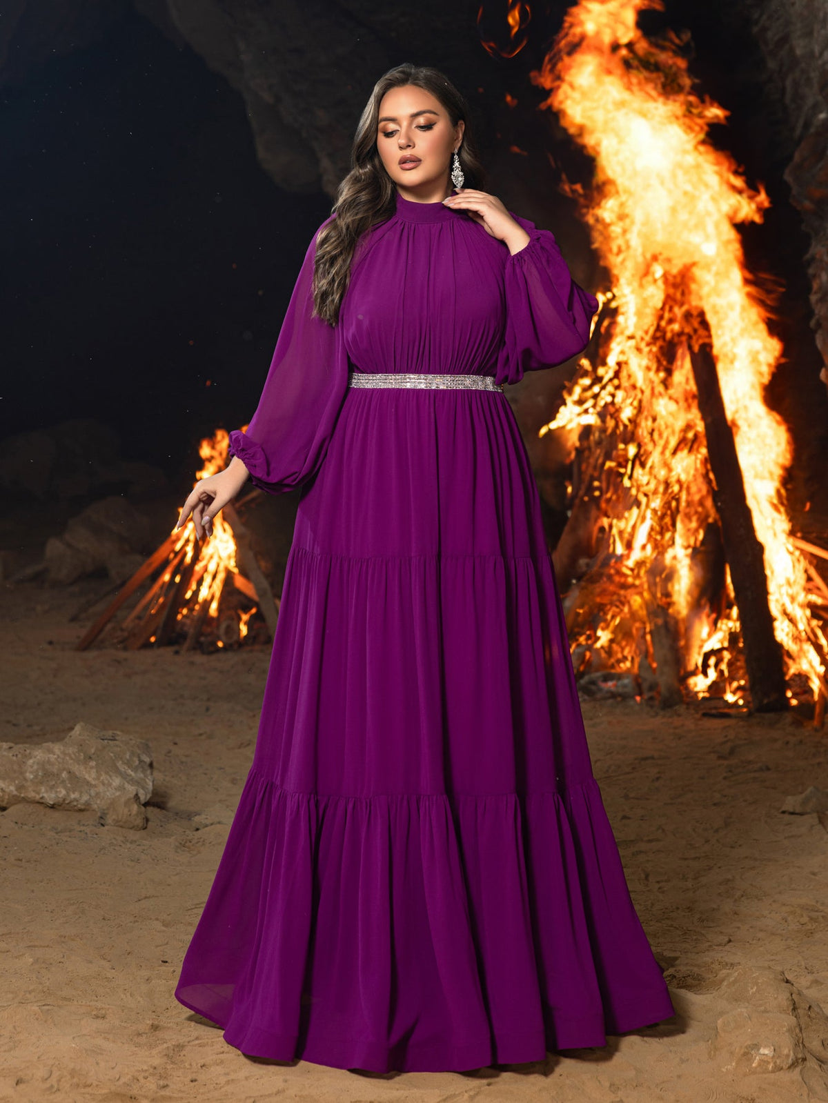 Plus Chiffon Mock Neck Evening Gown with Tiered Ruffles – Structured Maxi Dress for Gala Dinners, Awards Nights & Dramatic Events