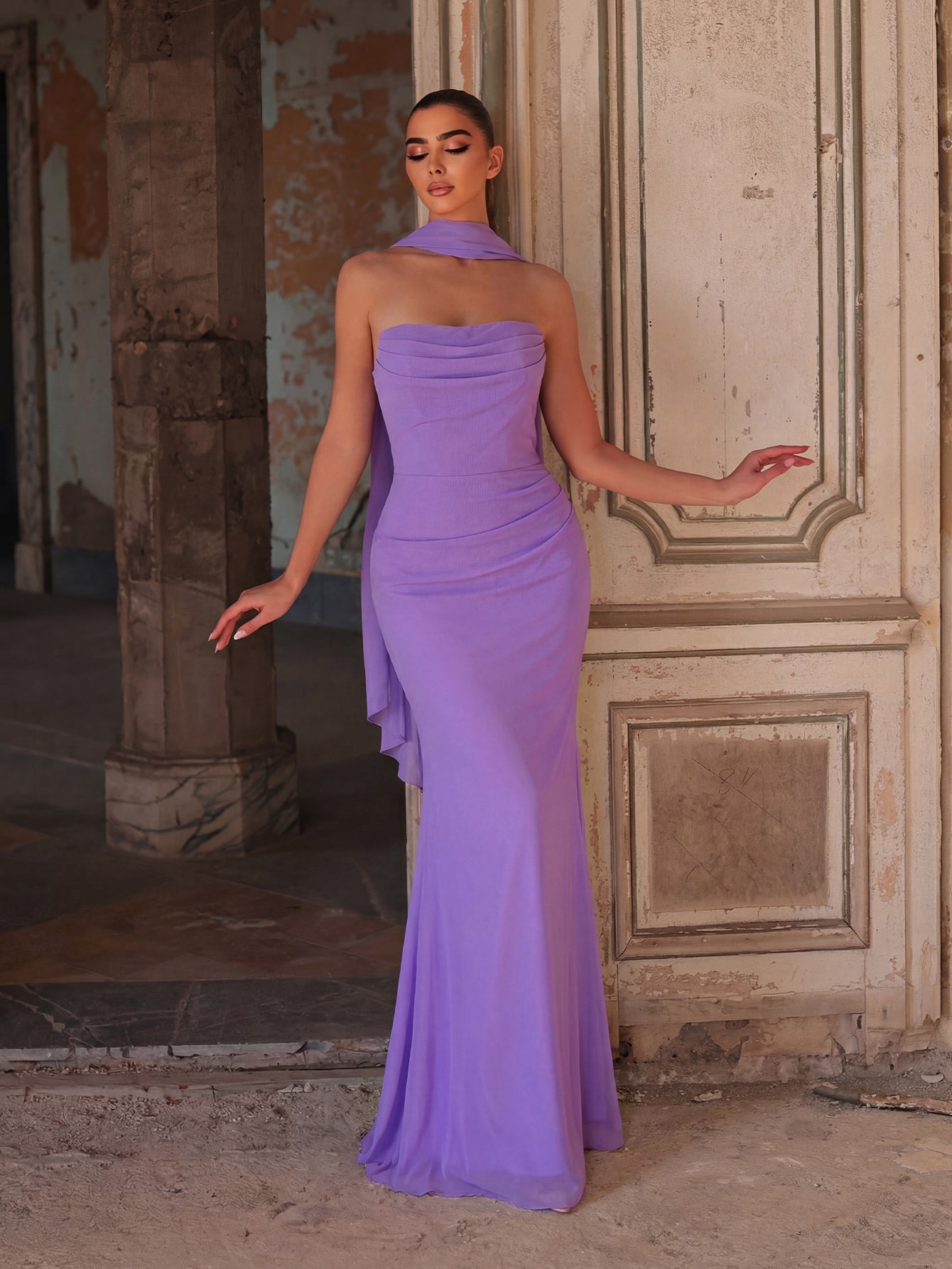 Backless Strapless Chiffon Mermaid Sleeveless Evening Gown in Lavender