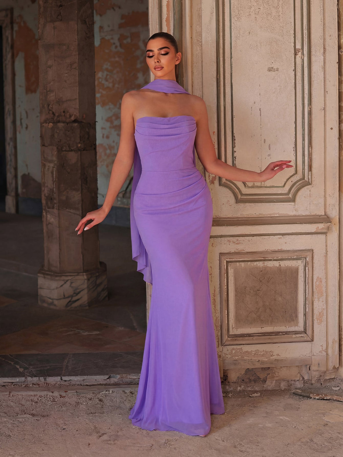 Backless Strapless Chiffon Mermaid Sleeveless Evening Gown in Lavender