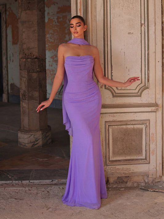 Backless Strapless Chiffon Mermaid Sleeveless Evening Gown in Lavender