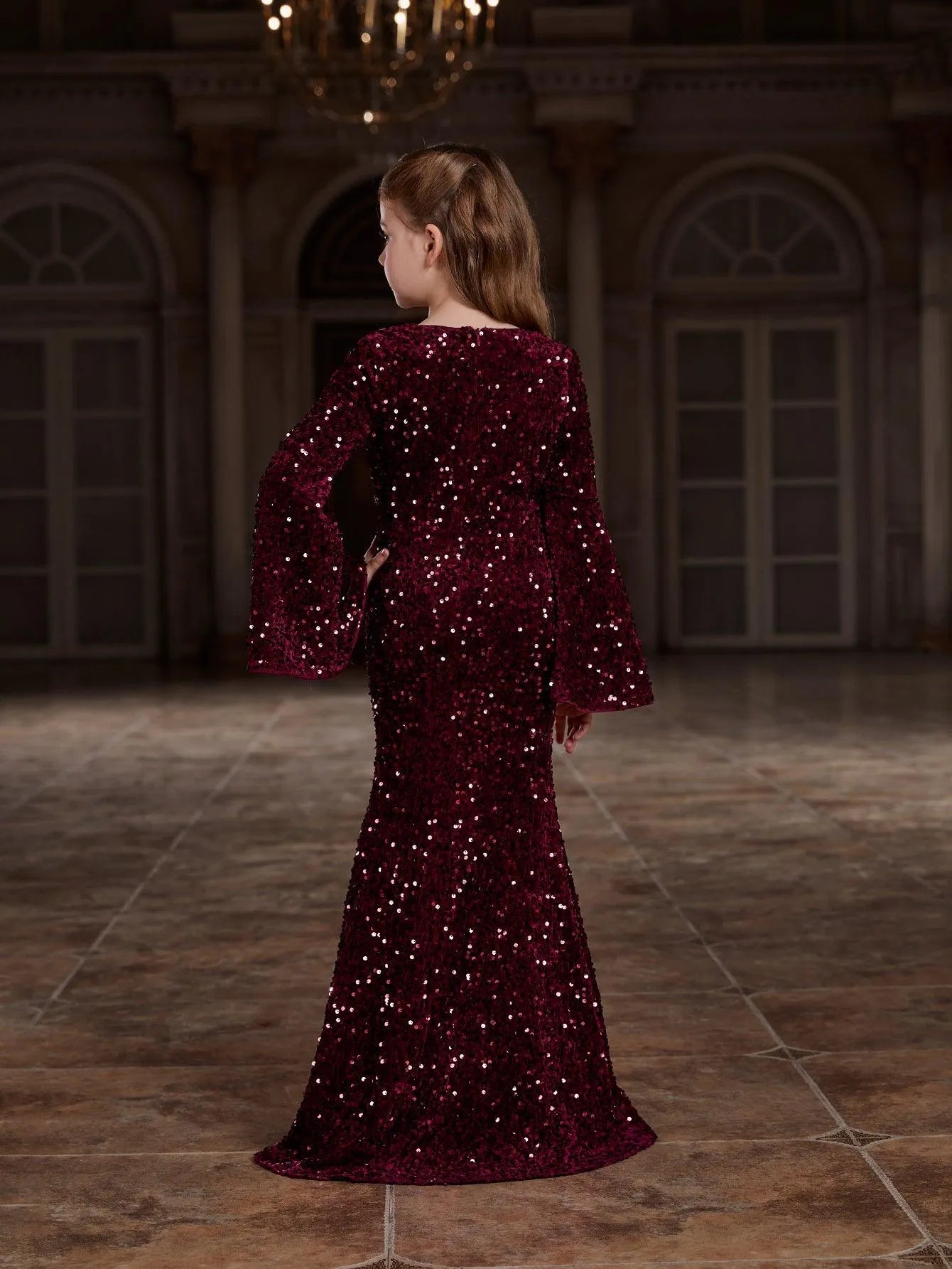 Additional product view of Bell-Sleeve Sweetheart-Neck Sequin Mermaid Maxi Tween Girls' Party Dress