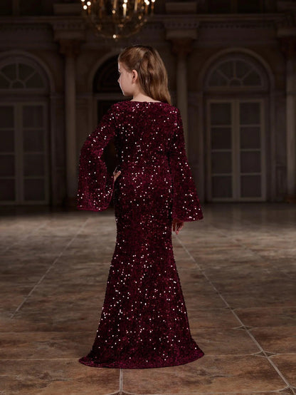 Additional product view of Bell-Sleeve Sweetheart-Neck Sequin Mermaid Maxi Tween Girls' Party Dress
