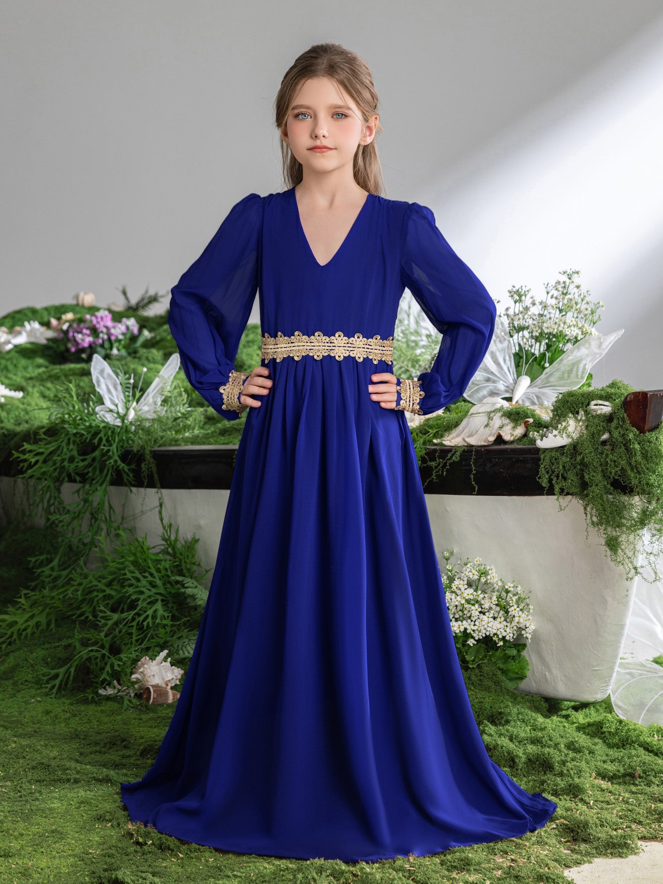 Tween Girls' Lace Trim Decoration V-neck Bishop Sleeves Chiffon Party Dress – view 15