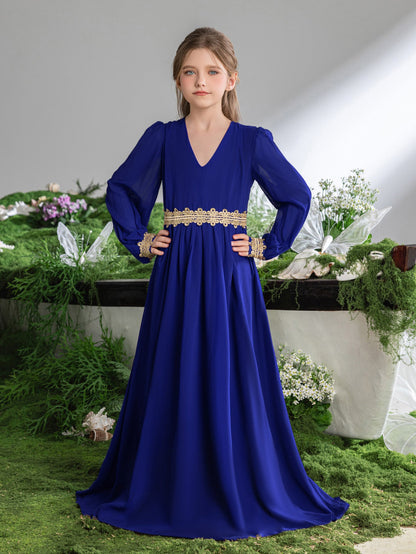 Tween Girls' Lace Trim Decoration V-neck Bishop Sleeves Chiffon Party Dress – view 15