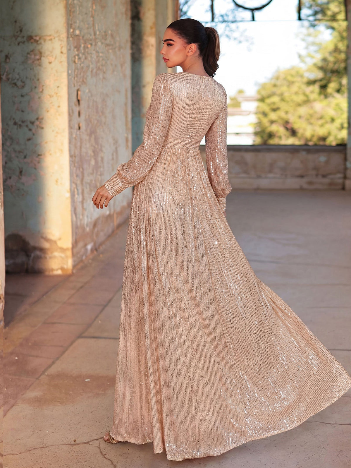 Elegant V Neck Long Sleeves Sequin A Line Dresses