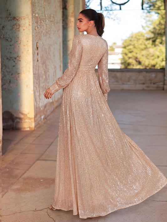 Elegant V Neck Long Sleeves Sequin A Line Dresses