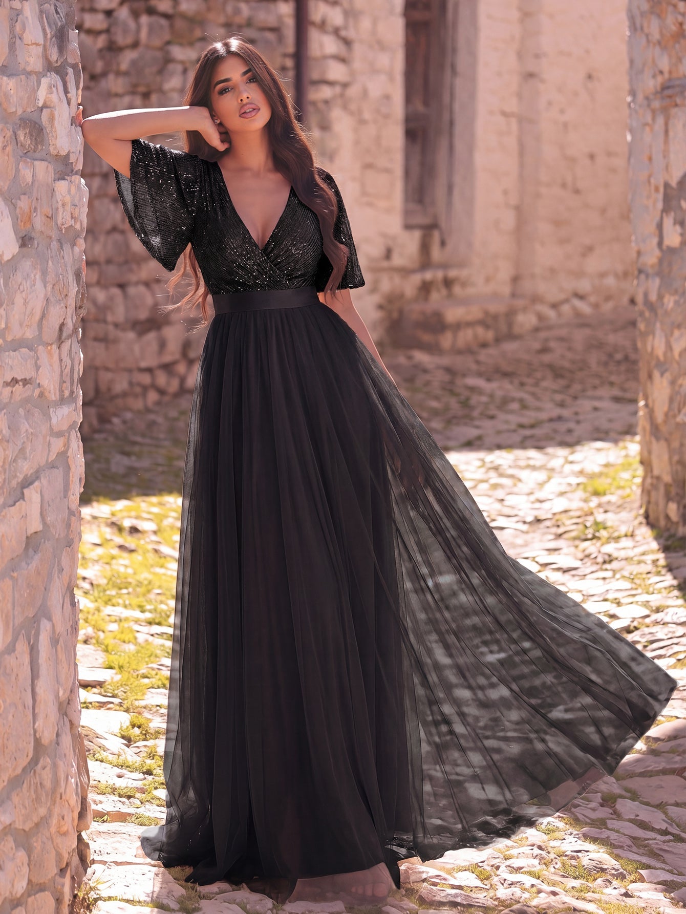Additional product view of Surplice-Neck V-Neck Mesh Sequin A-Line Evening Gown