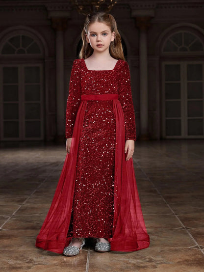 Additional product view of Square-Neck Sequin Mermaid Long-Sleeve Maxi Tween Girls' Party Dress