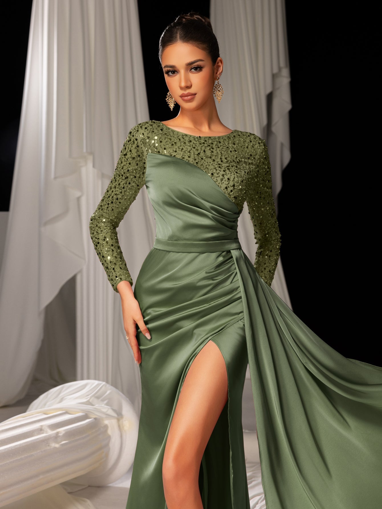 Elegant Satin Evening Gown with High Side Slit & Beaded Sequin Sleeves – Luxurious for Art Gallery Openings or Luxury Charity Galas, XS-XL