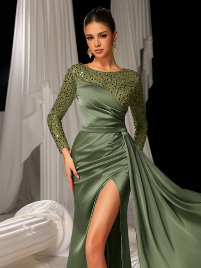 Elegant Satin Evening Gown with High Side Slit & Beaded Sequin Sleeves – Luxurious for Art Gallery Openings or Luxury Charity Galas, XS-XL