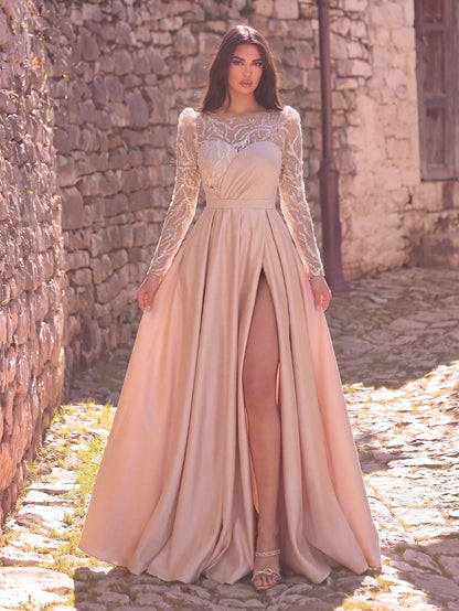Elegant Women's Sequin Bodice Formal Gown | Long Sleeves | Full Flared Skirt