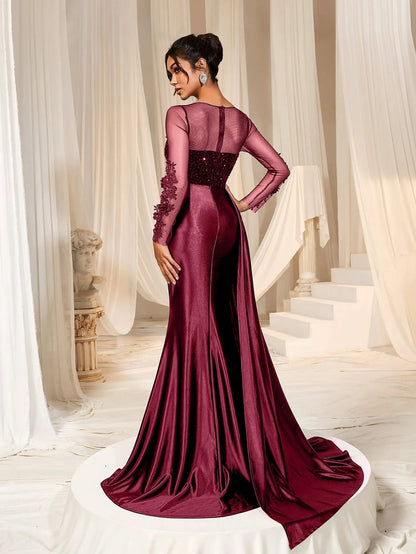 Additional view of Sequin Bodice Sheer Sleeve Mermaid Hem Satin Evening Dress