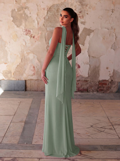Additional product view of Lace-Up Back Strapless High-Slit Mermaid Sleeveless Evening Gown