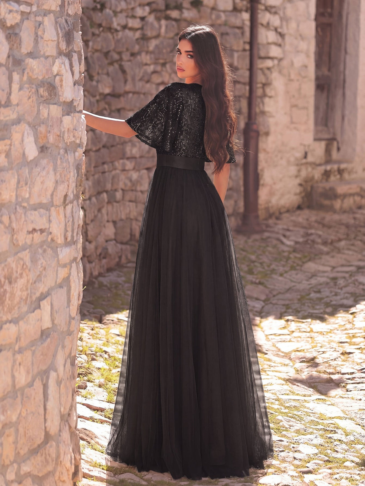 Additional product view of Surplice-Neck V-Neck Mesh Sequin A-Line Evening Gown