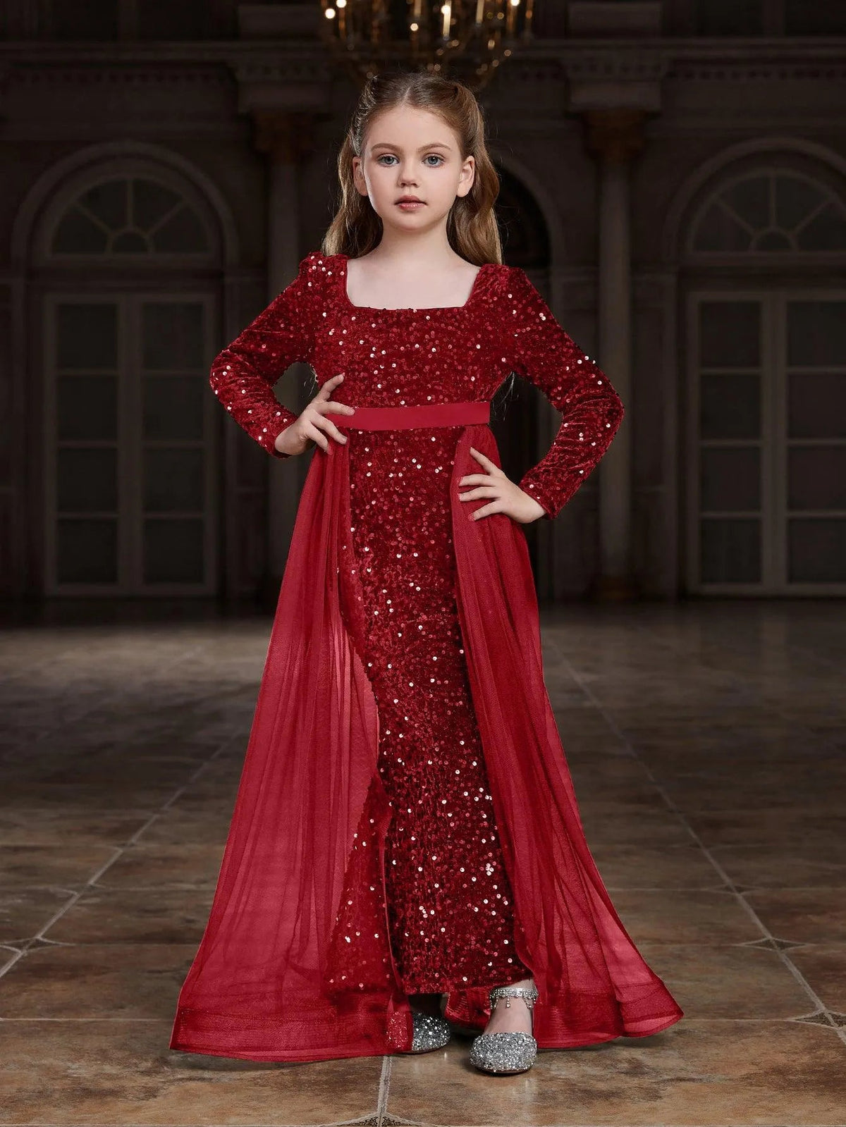 Alternate view of Square-Neck Sequin Mermaid Long-Sleeve Maxi Tween Girls' Party Dress in Red