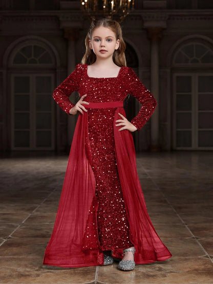 Alternate view of Square-Neck Sequin Mermaid Long-Sleeve Maxi Tween Girls' Party Dress in Red
