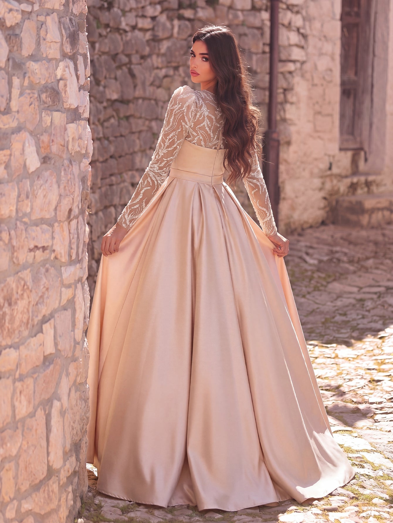 Elegant Women's Sequin Bodice Formal Gown | Long Sleeves | Full Flared Skirt