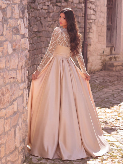 Elegant Women's Sequin Bodice Formal Gown | Long Sleeves | Full Flared Skirt
