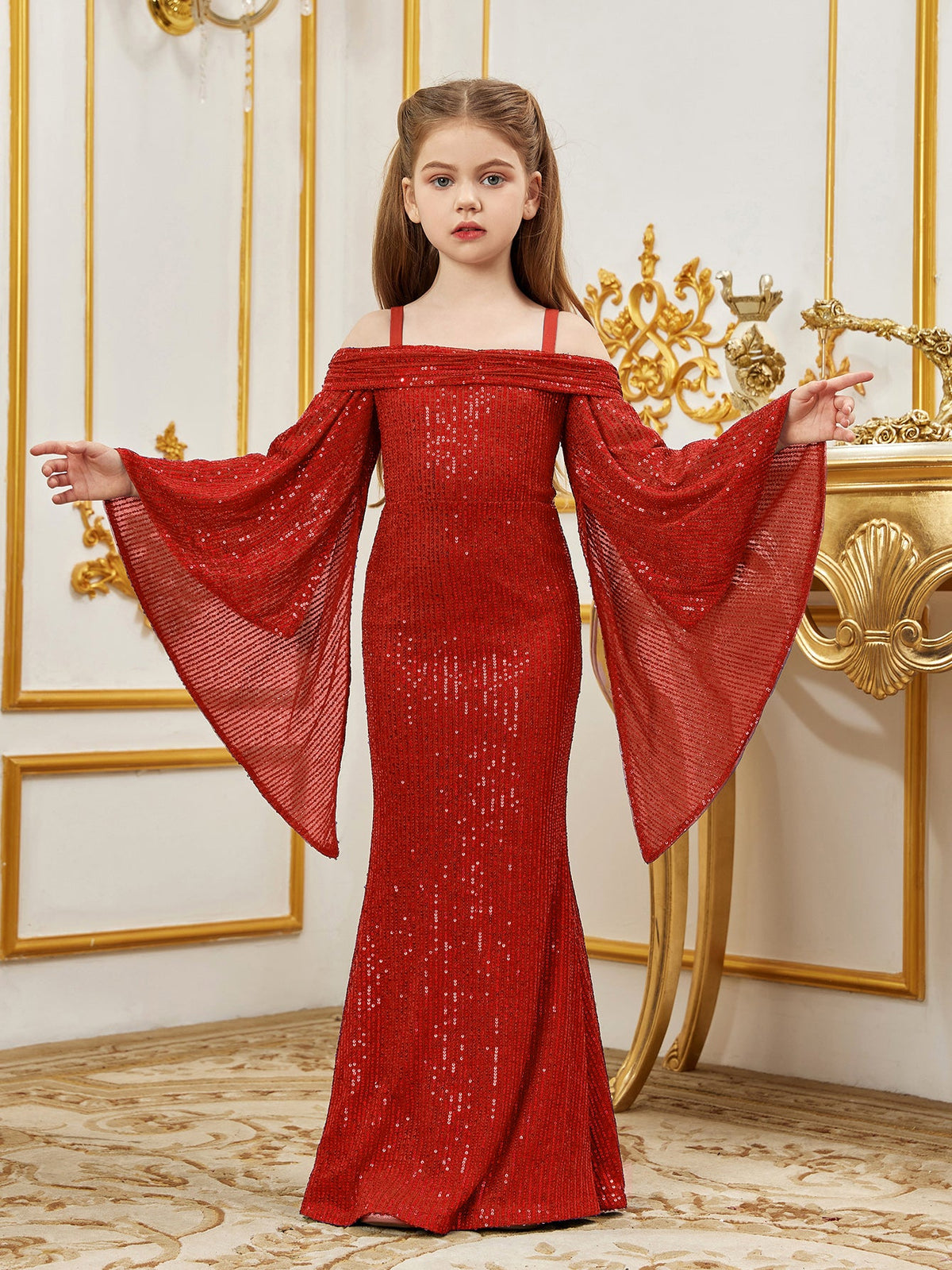Additional product view of Cold-Shoulder Flare-Sleeve Off-Shoulder Sequin Mermaid Tween Girls' Party Dress