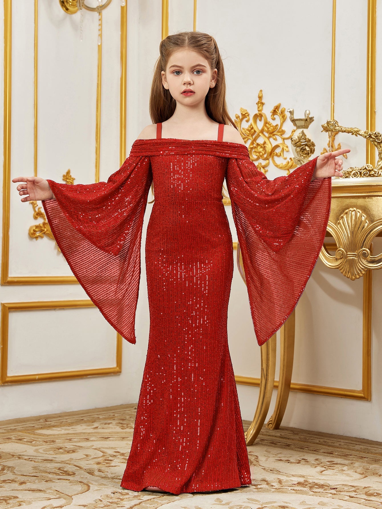 Additional product view of Cold-Shoulder Flare-Sleeve Off-Shoulder Sequin Mermaid Tween Girls' Party Dress