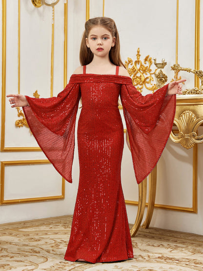 Additional product view of Cold-Shoulder Flare-Sleeve Off-Shoulder Sequin Mermaid Tween Girls' Party Dress