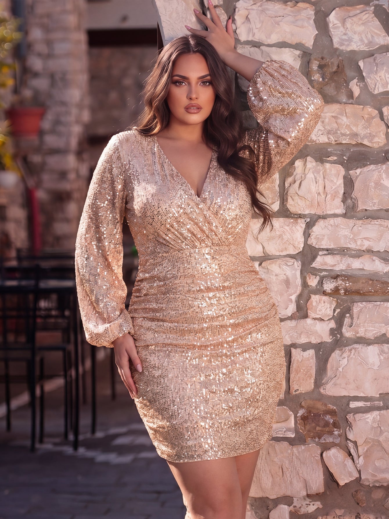 Plus-Size V-Neck Lantern Sleeve Sequin Bodycon Dress — authorized product image 3