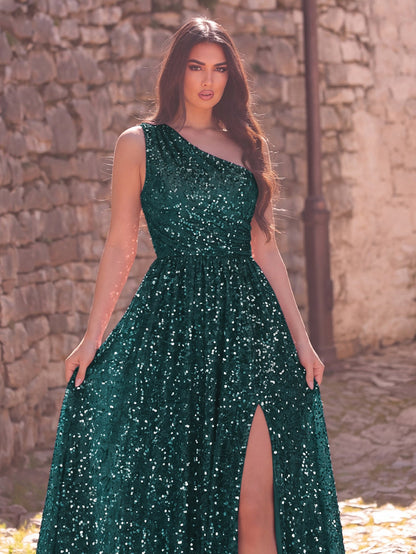 Elegant One Shoulder Sleeveless Sequin A Line Dresses