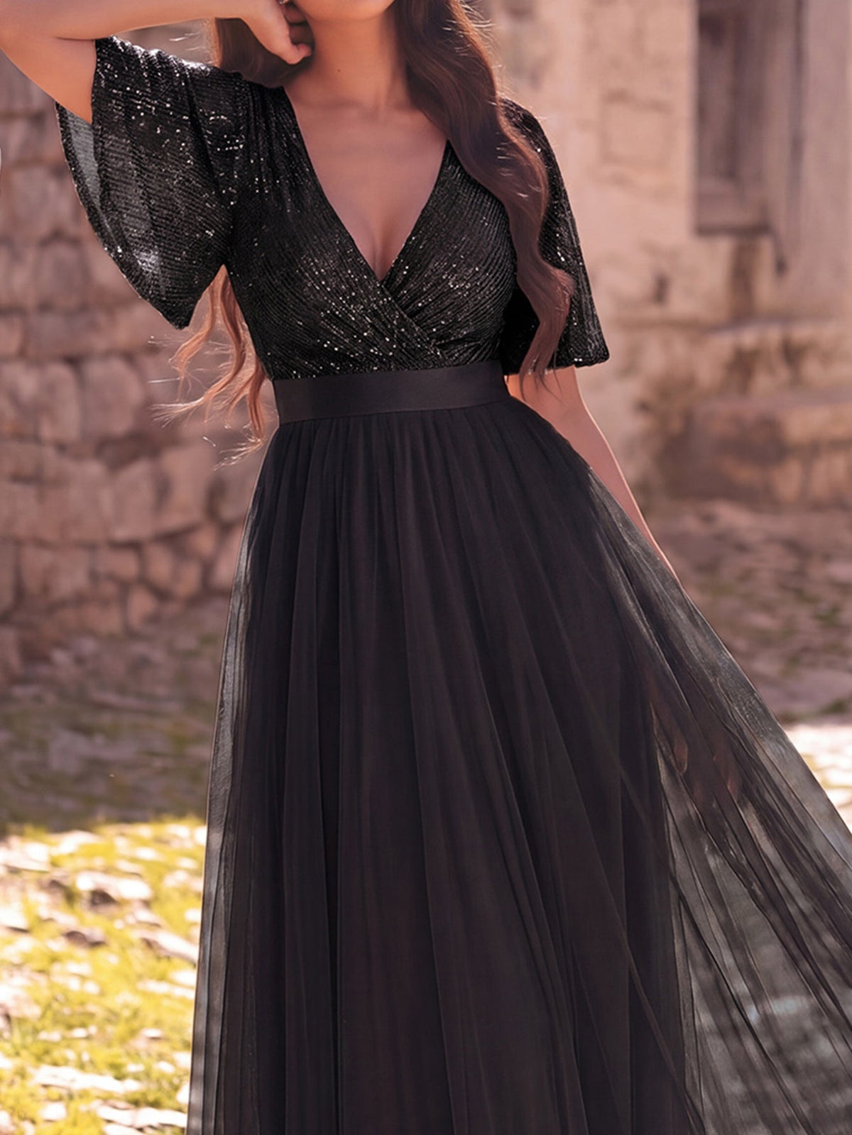 Additional product view of Surplice-Neck V-Neck Mesh Sequin A-Line Evening Gown