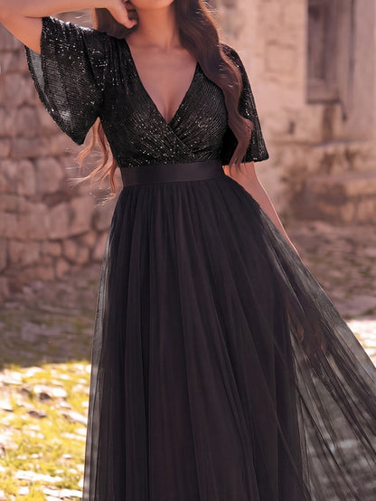 Additional product view of Surplice-Neck V-Neck Mesh Sequin A-Line Evening Gown