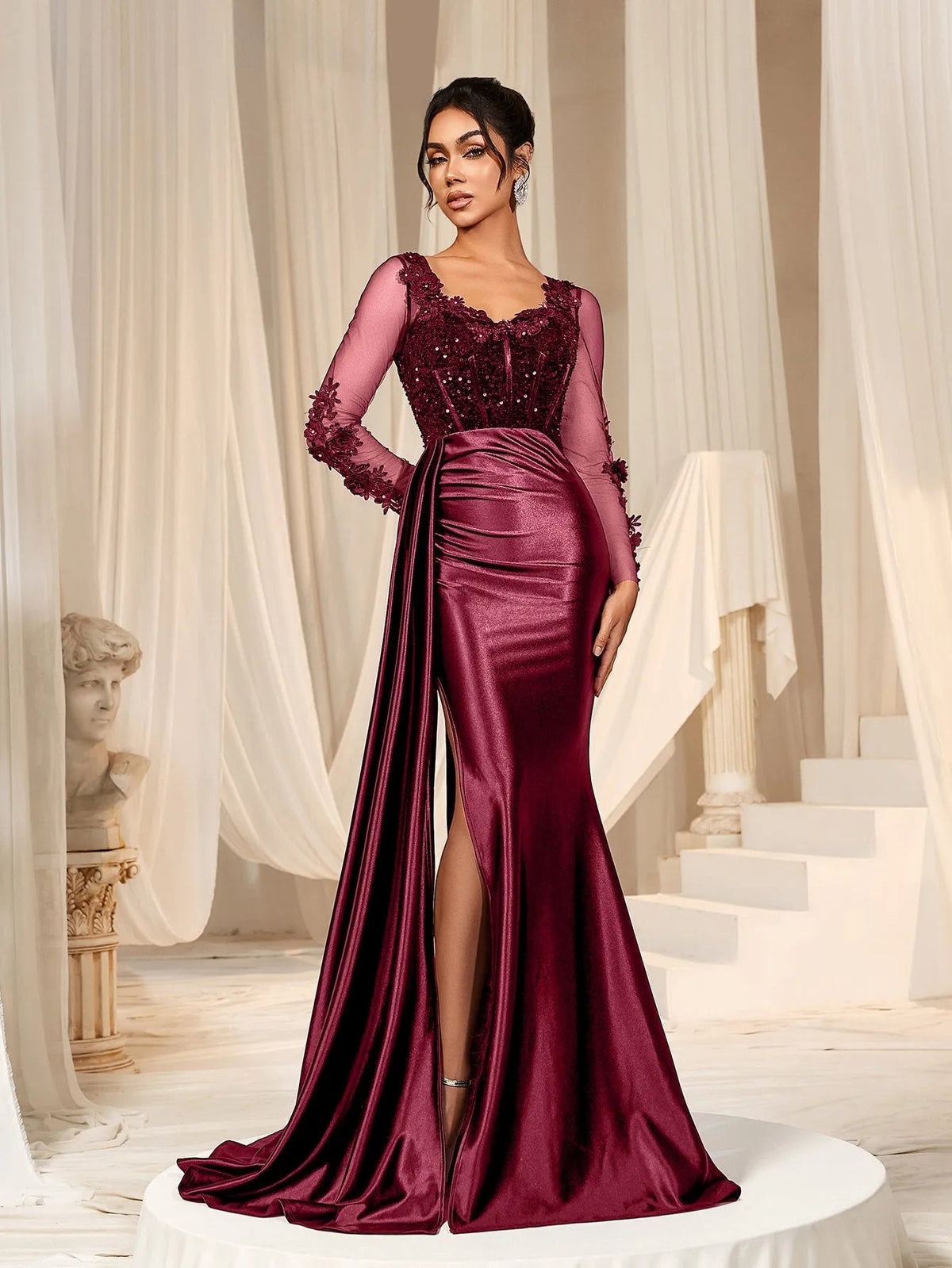Additional view of Sequin Bodice Sheer Sleeve Mermaid Hem Satin Evening Dress