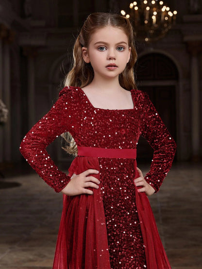 Additional product view of Square-Neck Sequin Mermaid Long-Sleeve Maxi Tween Girls' Party Dress