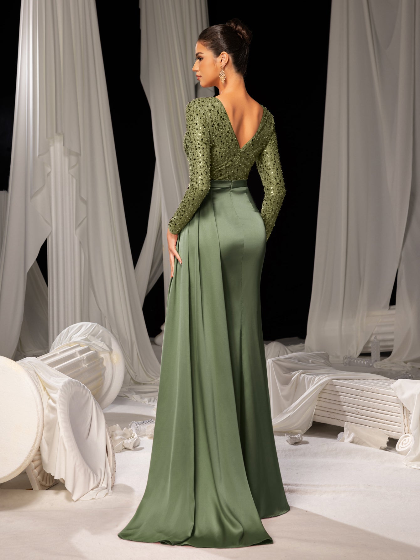 Elegant Satin Evening Gown with High Side Slit & Beaded Sequin Sleeves – Luxurious for Art Gallery Openings or Luxury Charity Galas, XS-XL