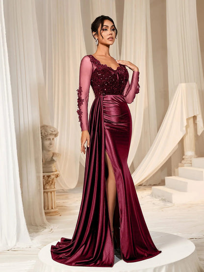 Additional view of Sequin Bodice Sheer Sleeve Mermaid Hem Satin Evening Dress
