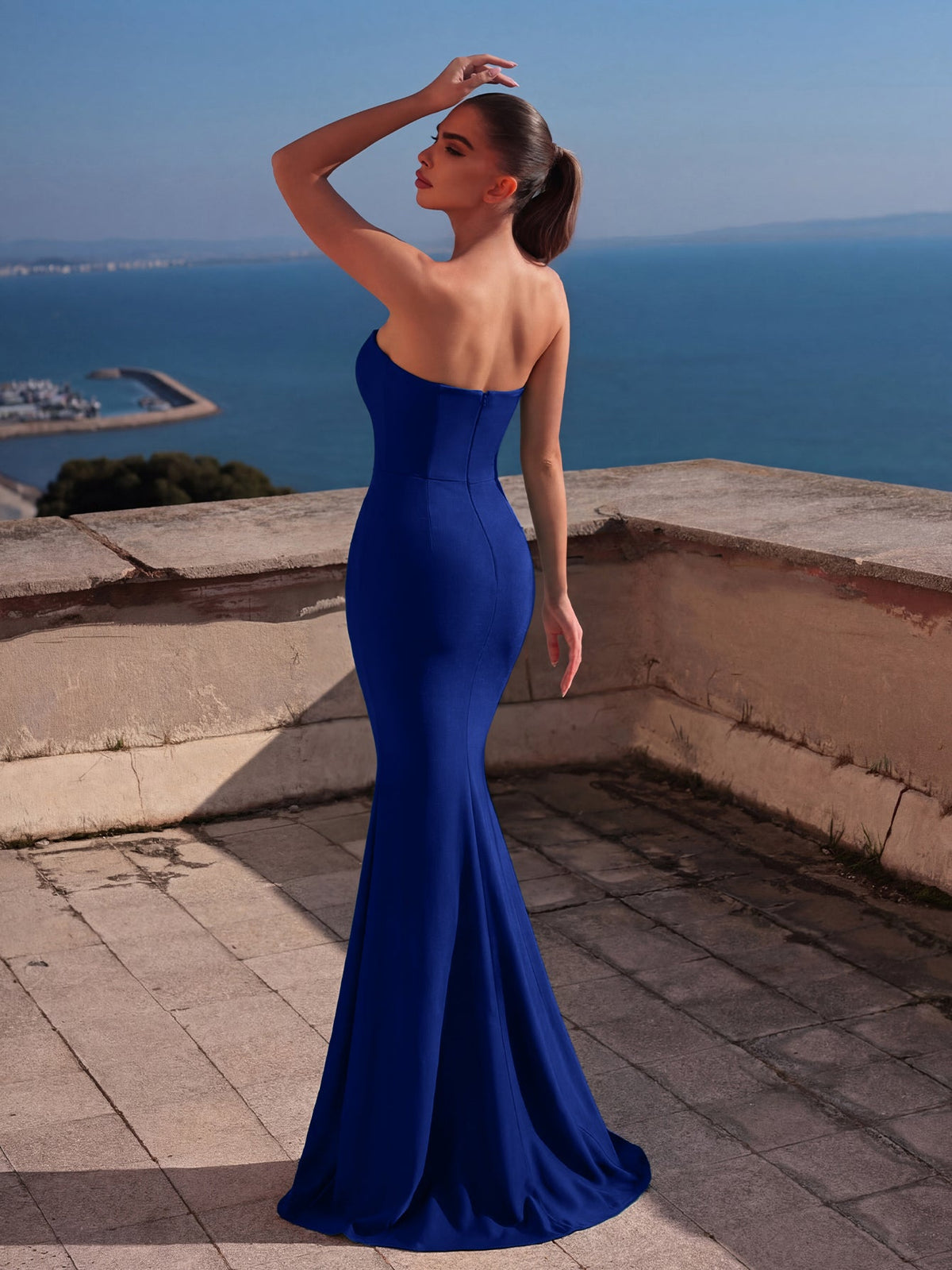 Additional product view of Mermaid Hem Strapless Knit Sleeveless Maxi Evening Gown