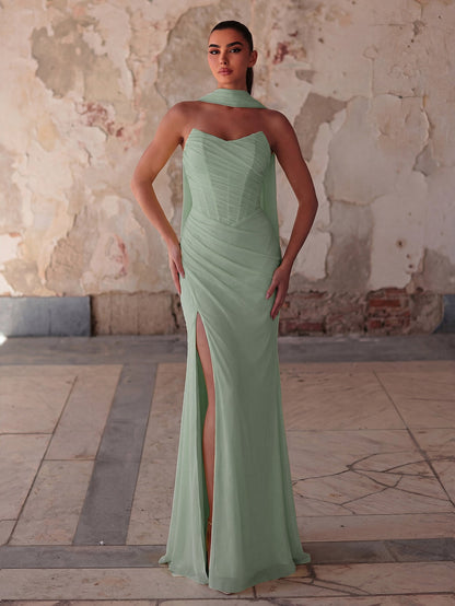 Additional product view of Lace-Up Back Strapless High-Slit Mermaid Sleeveless Evening Gown