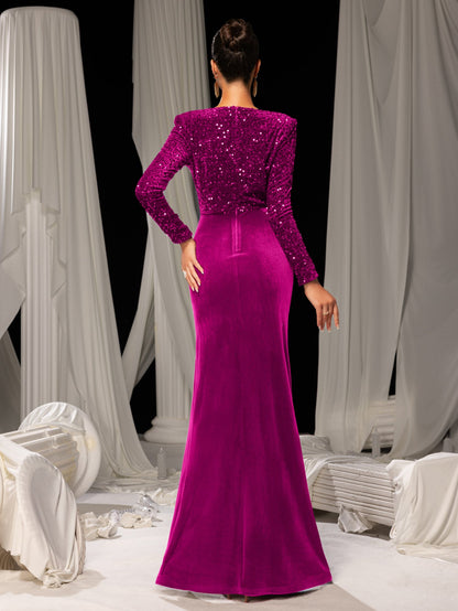 Additional product view of V-Neck Velvet Sequin Mermaid Long-Sleeve Evening Gown