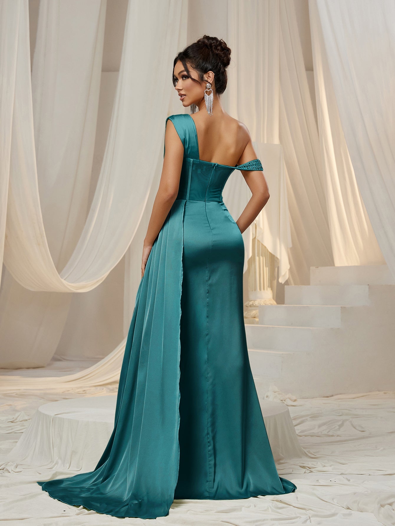 Asymmetrical Neck Split Thigh Satin Mermaid Dress