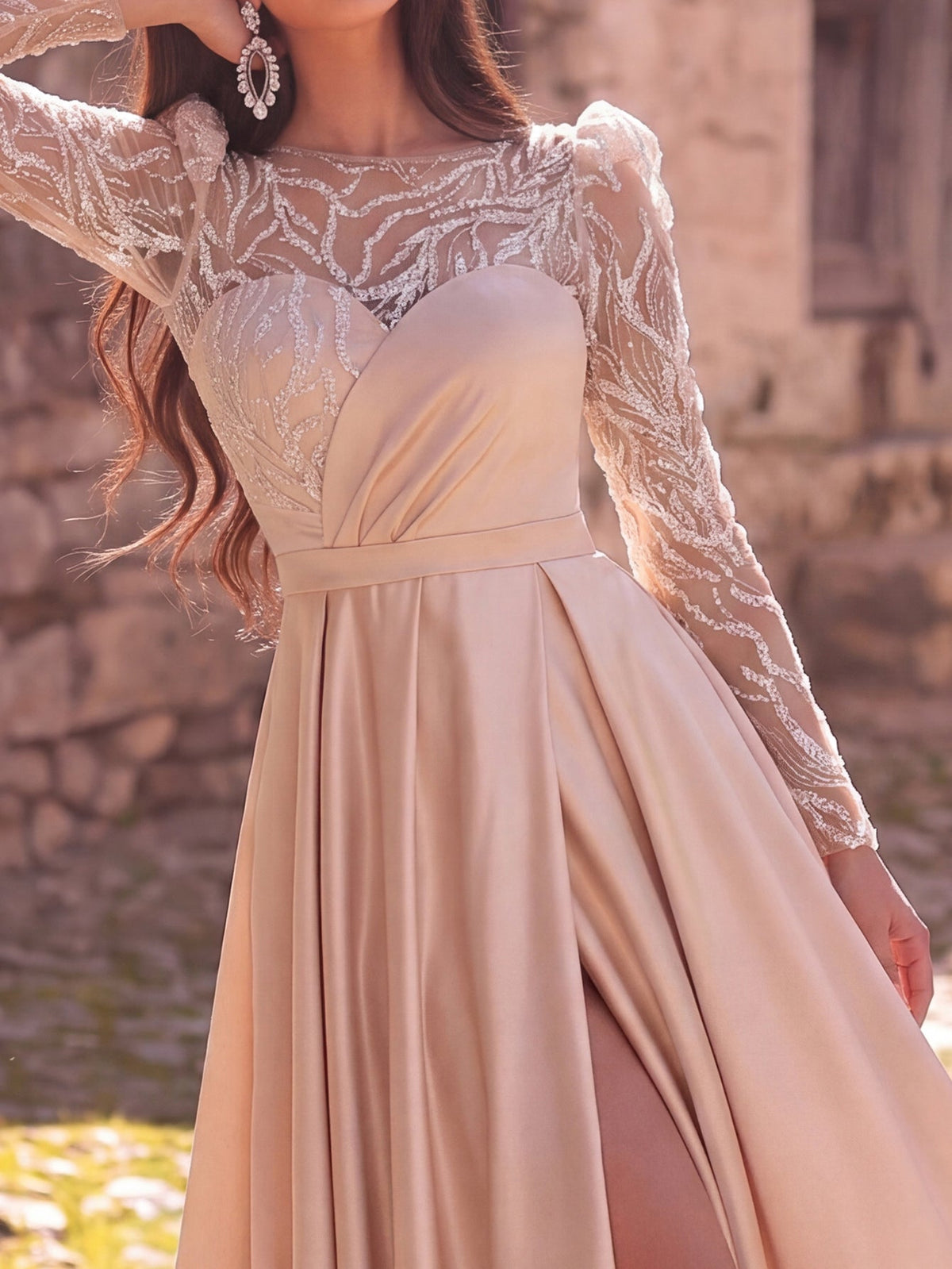 Elegant Women's Sequin Bodice Formal Gown | Long Sleeves | Full Flared Skirt