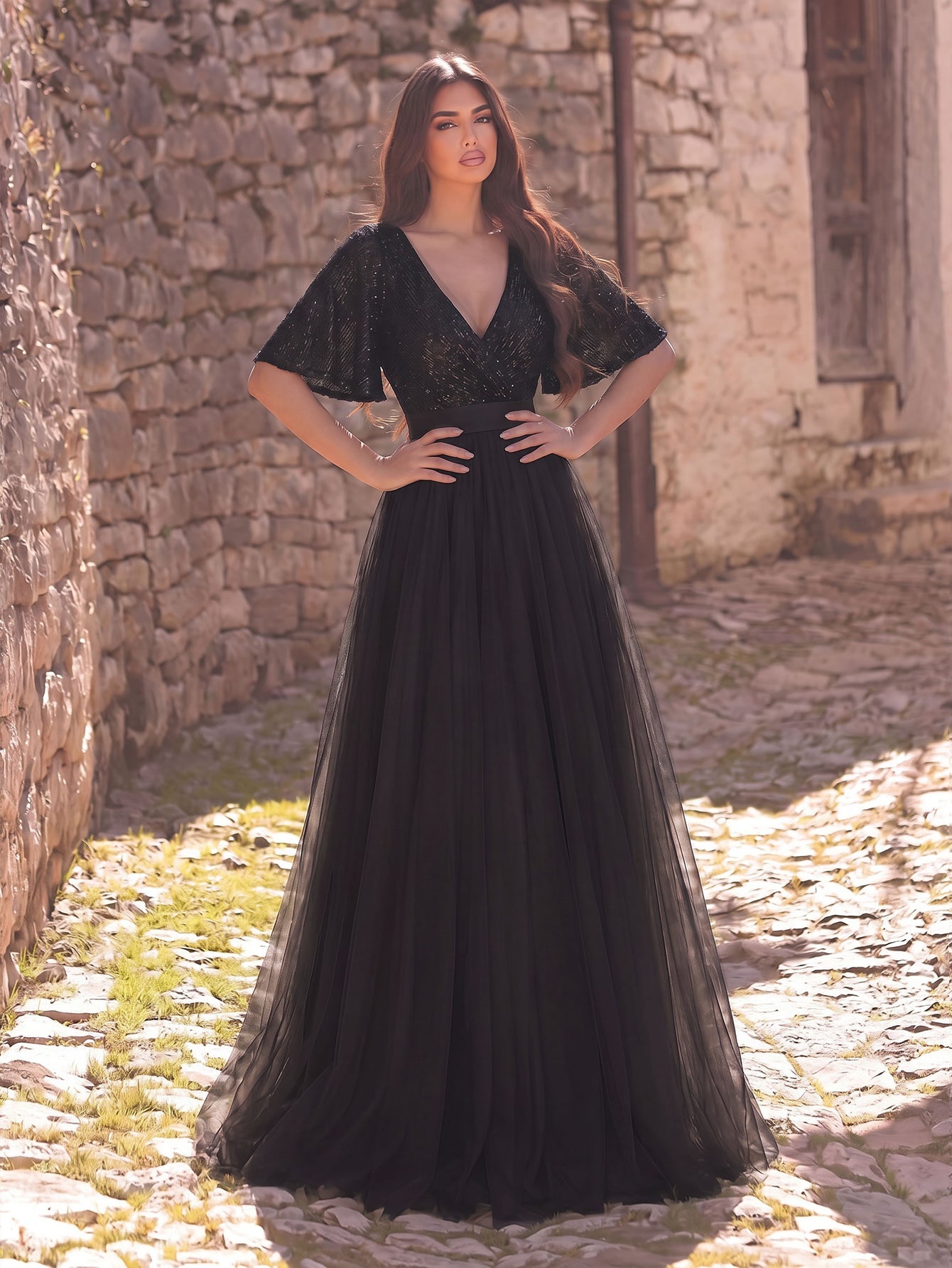 Additional product view of Surplice-Neck V-Neck Mesh Sequin A-Line Evening Gown