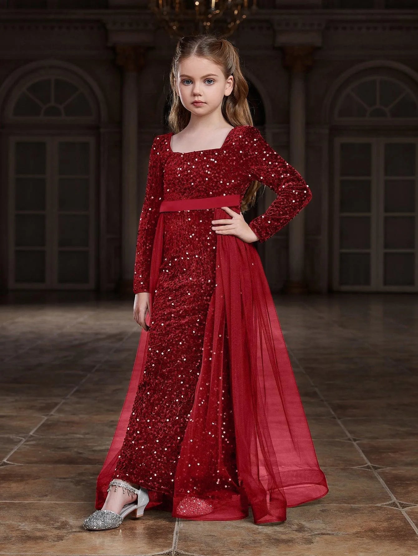 Additional product view of Square-Neck Sequin Mermaid Long-Sleeve Maxi Tween Girls' Party Dress